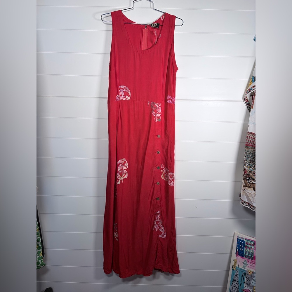 NWT Coco International Red Tropical Sleeveless Maxi Dress Side Buttons Medium
